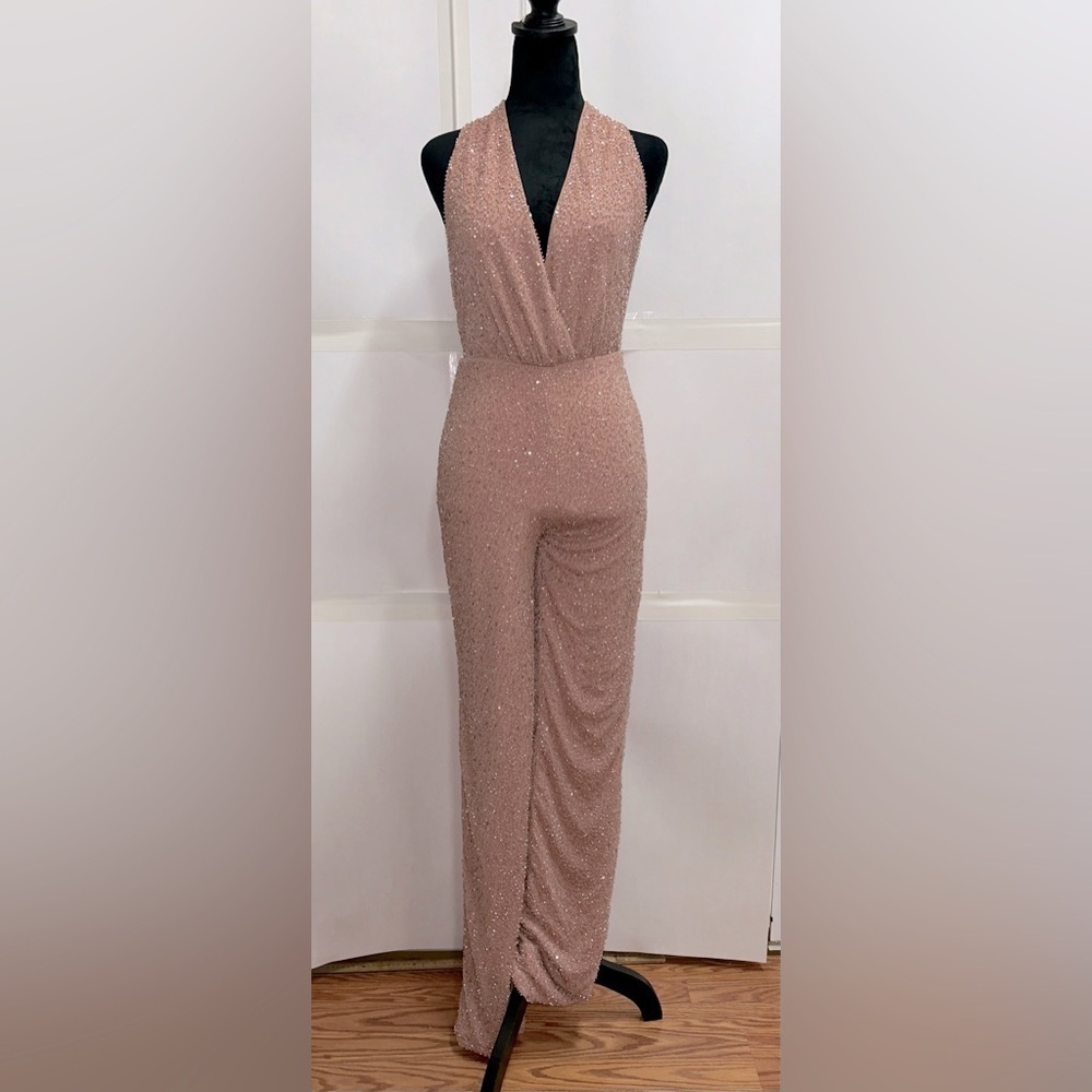 Oh Polly Embellished Plunge Neck Backless Halter Jumpsuit Beige Beaded Sequins 2 - Picture 3 of 15